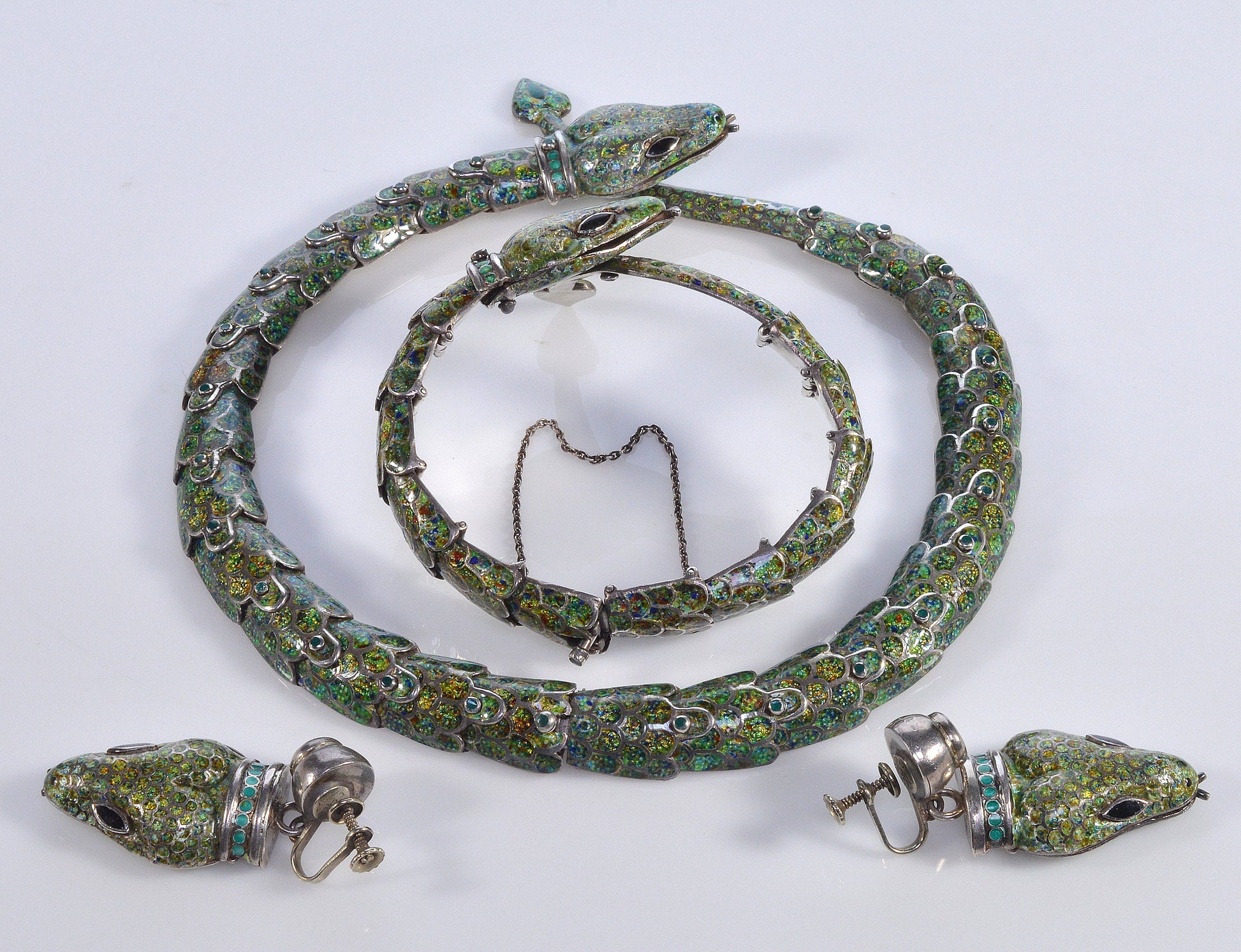 Margot de Taxco Enamel Sterling Snake Suite Necklace Bracelet Earrings