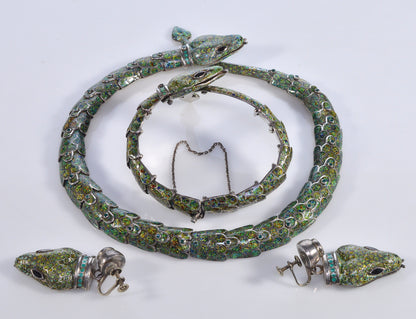 Margot de Taxco Enamel Sterling Snake Suite Necklace Bracelet Earrings