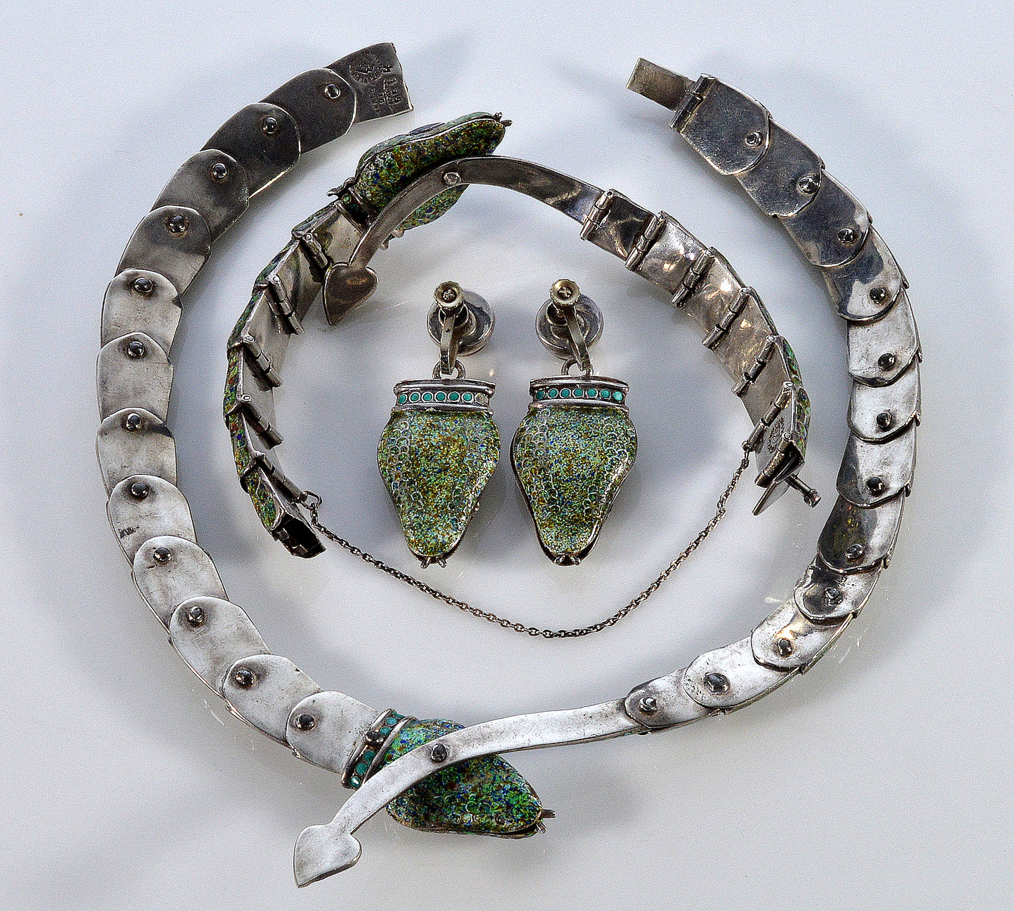 Margot de Taxco Enamel Sterling Snake Suite Necklace Bracelet Earrings