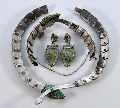 Margot de Taxco Enamel Sterling Snake Suite Necklace Bracelet Earrings