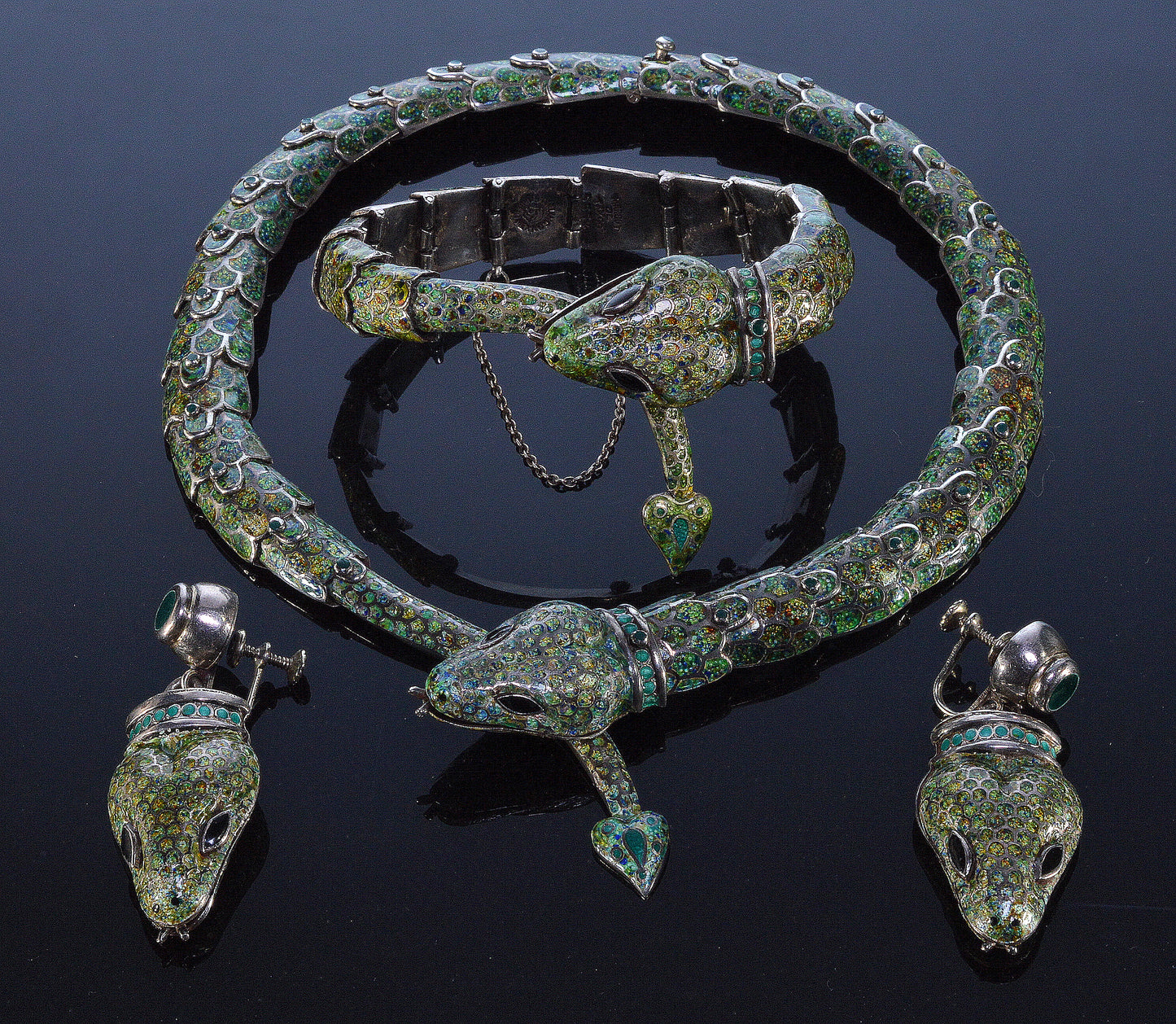 Margot de Taxco Enamel Sterling Snake Suite Necklace Bracelet Earrings