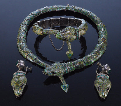 Margot de Taxco Enamel Sterling Snake Suite Necklace Bracelet Earrings