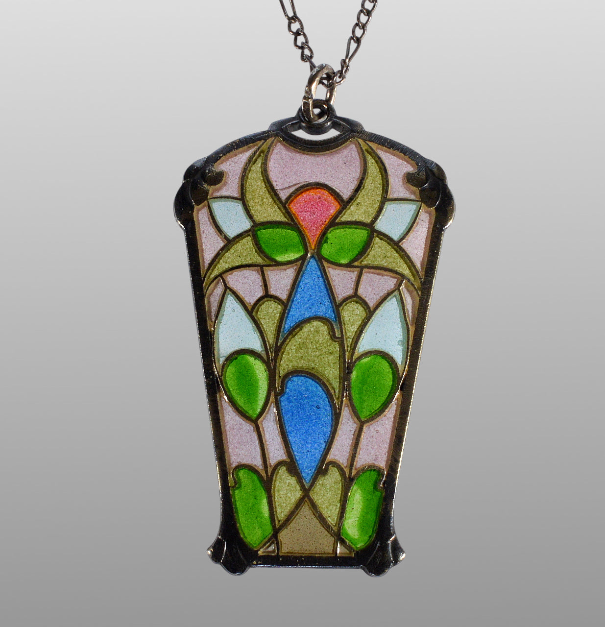 Art Nouveau Jugendstil Plique-A-Jour Sterling Pendant Necklace C.1900-1910
