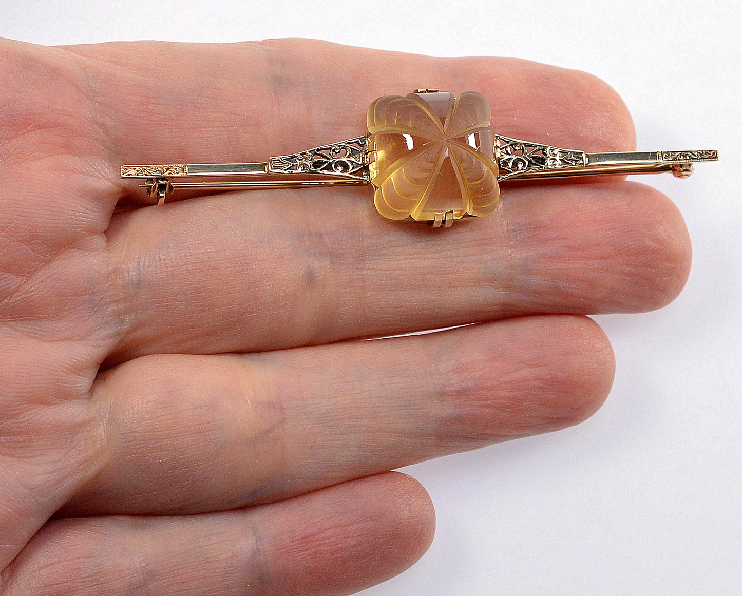 Edwardian Birks 14K Gold Citrine Brooch Pin C.1900