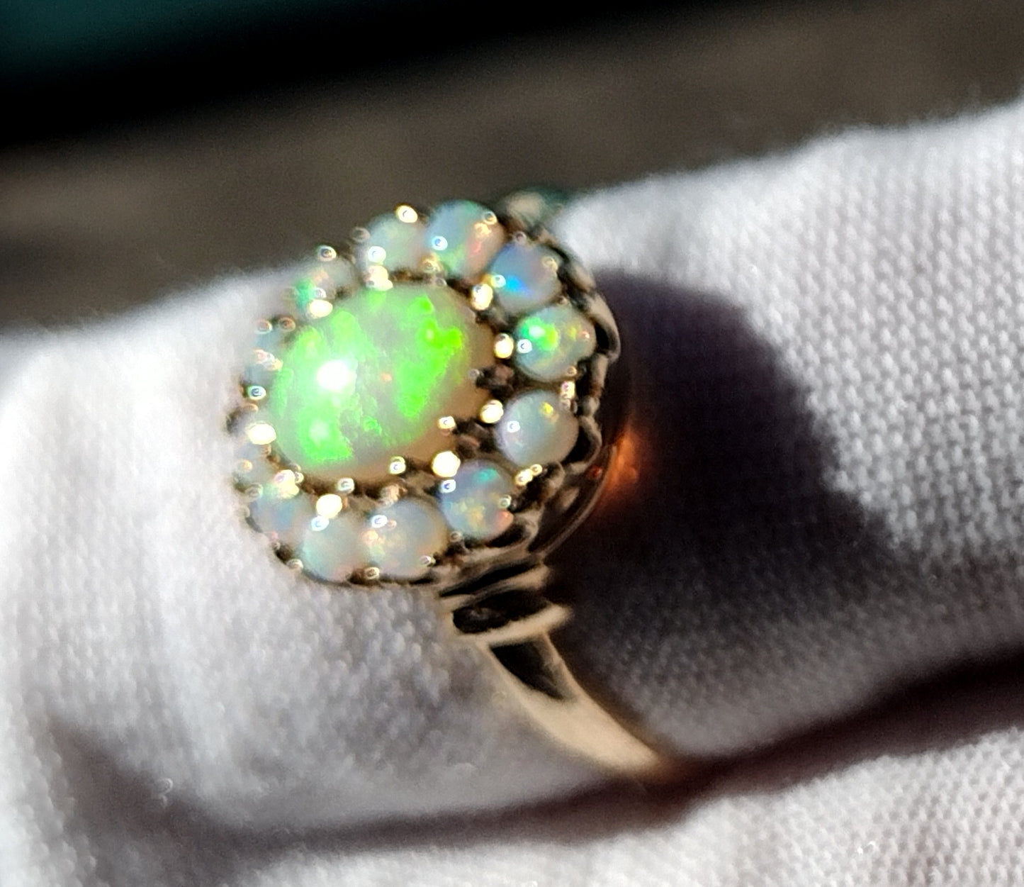 Australian Red Flash Opal Halo Ring
10K Gold C.1950 Size 8 3/4