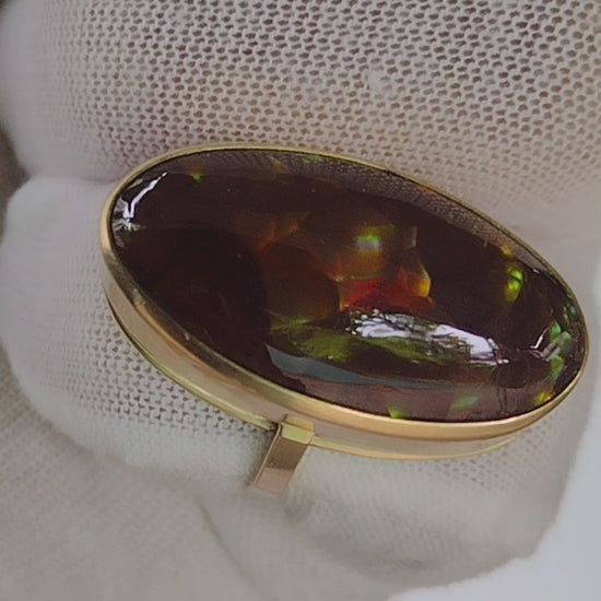 Rainbow Fire Agate 14K Gold Cocktail Ring Size 7