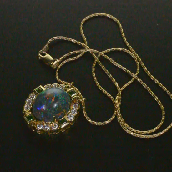 Estate 18K Gold Black Opal Diamond Tsavorite Pendant 14K Chain Necklace