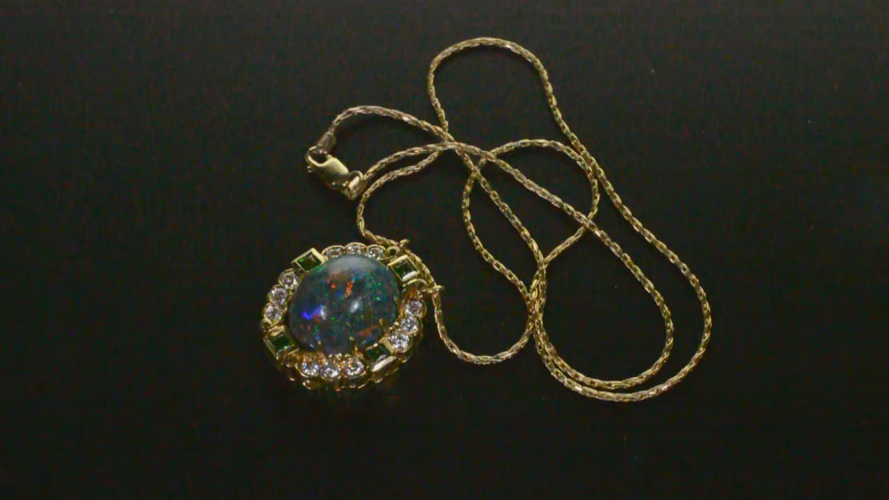 Estate 18K Gold Black Opal Diamond Tsavorite Pendant 14K Chain Necklace