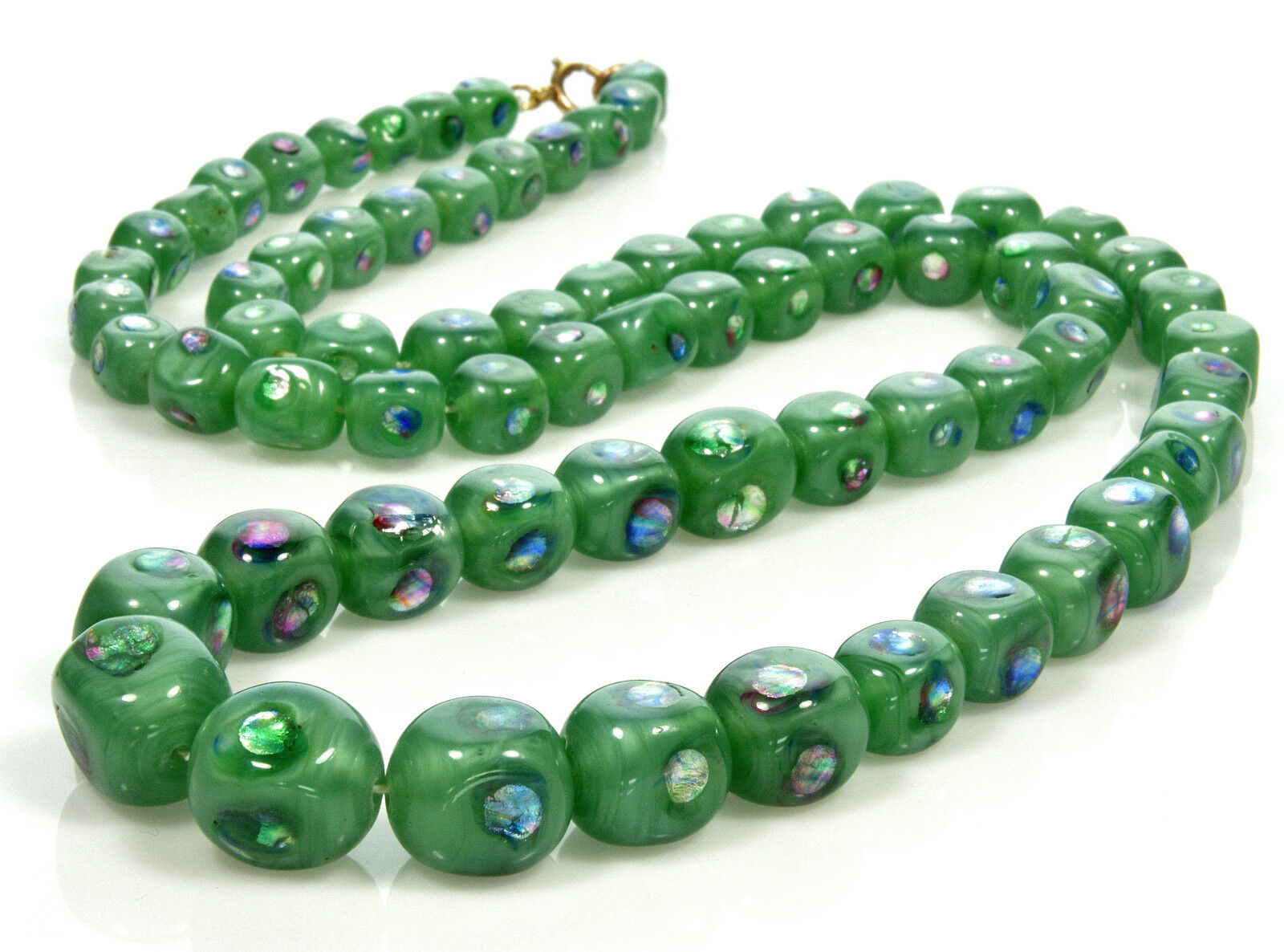 Antique Art Deco Rainbow Foil Eye Glass Bead Necklace 27 1/2" C.1920