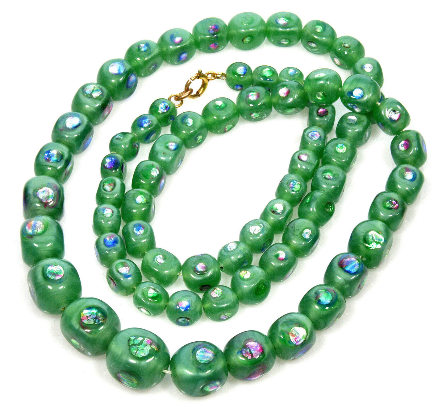 Antique Art Deco Rainbow Foil Eye Glass Bead Necklace 27 1/2" C.1920