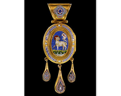 Antique Victorian 18K Gold Micromosaic Locket Pendant Lamb Of God Etruscan Revival Italian Grand Tour C.1860