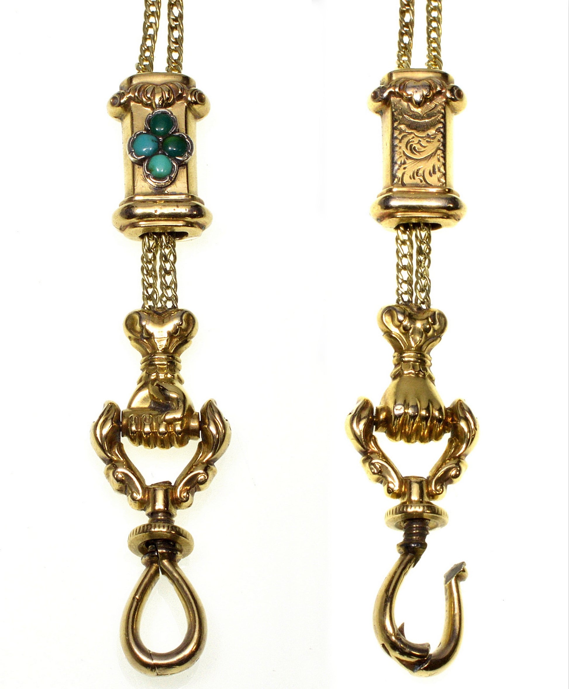 Antique Georgian 10K Gold Hand Fist Necklace Slide Guard Chain Turquoise C.1820