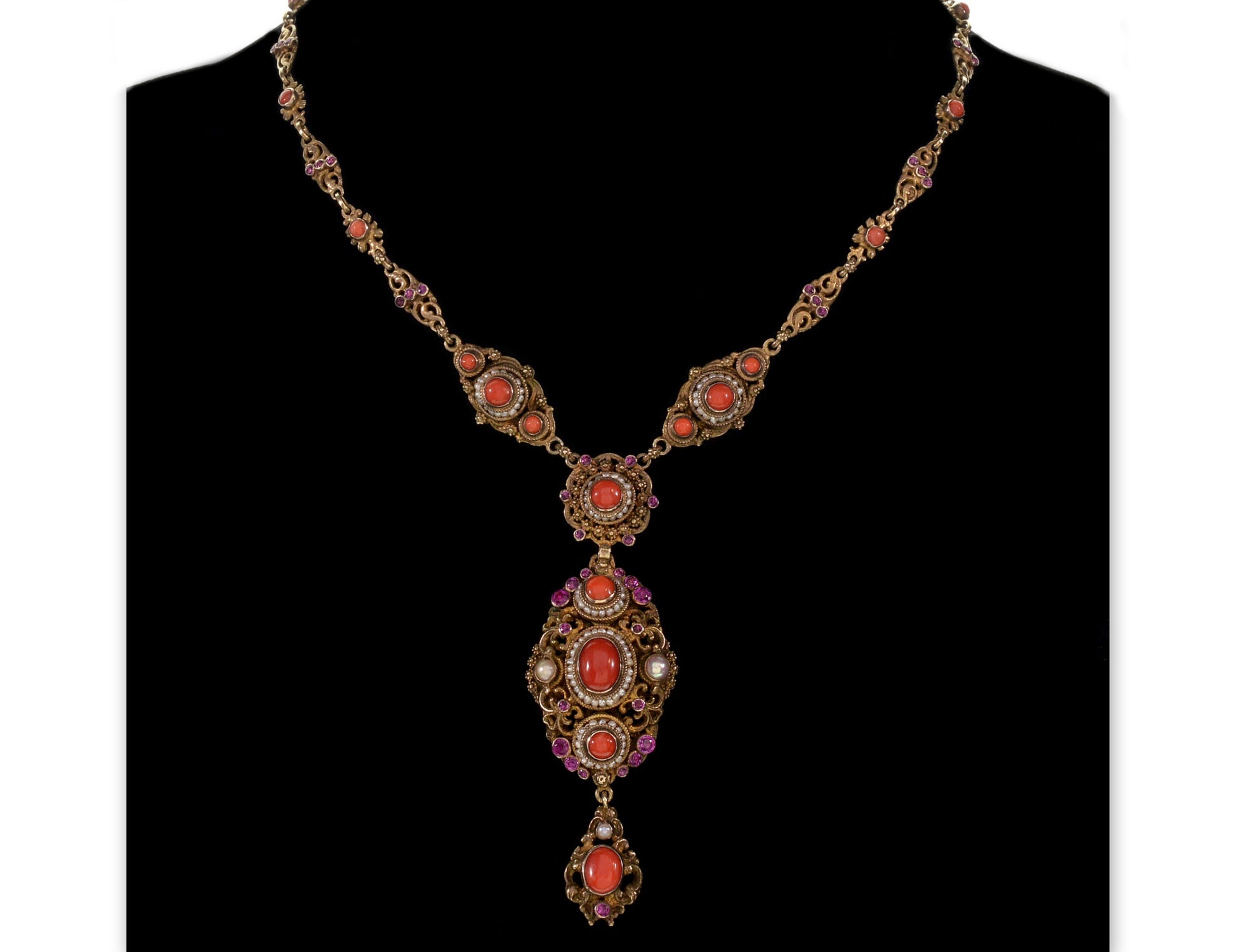Austro-Hungarian Coral Necklace Earrings Bracelet Set Seed Pearl Silver C.1900