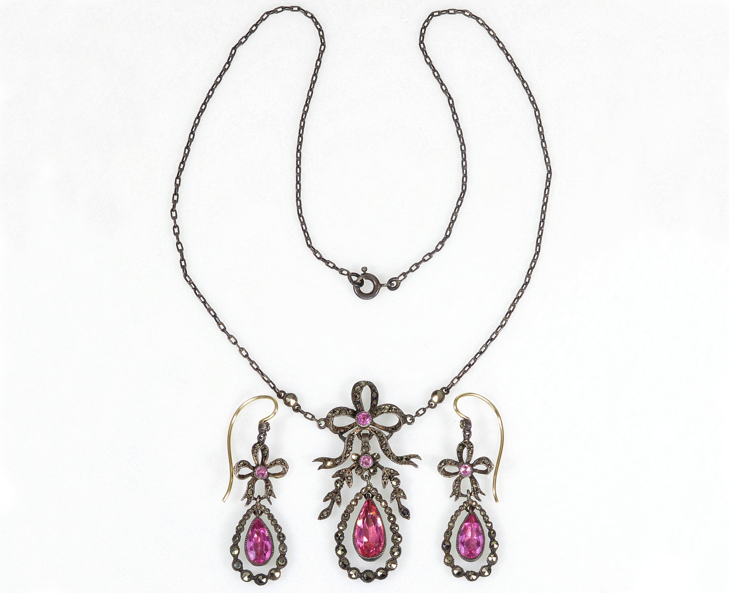 Reserved for D.T. Antique Georgian Bow Earrings Necklace Set Paste Marcasite Sterling C.1820