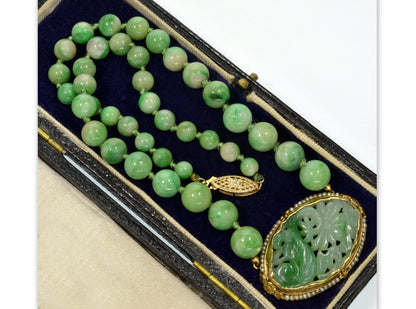 Antique Art Deco 14K Jadeite Jade Hand Carved Plaque Bead Seed Pearl Necklace C.1920