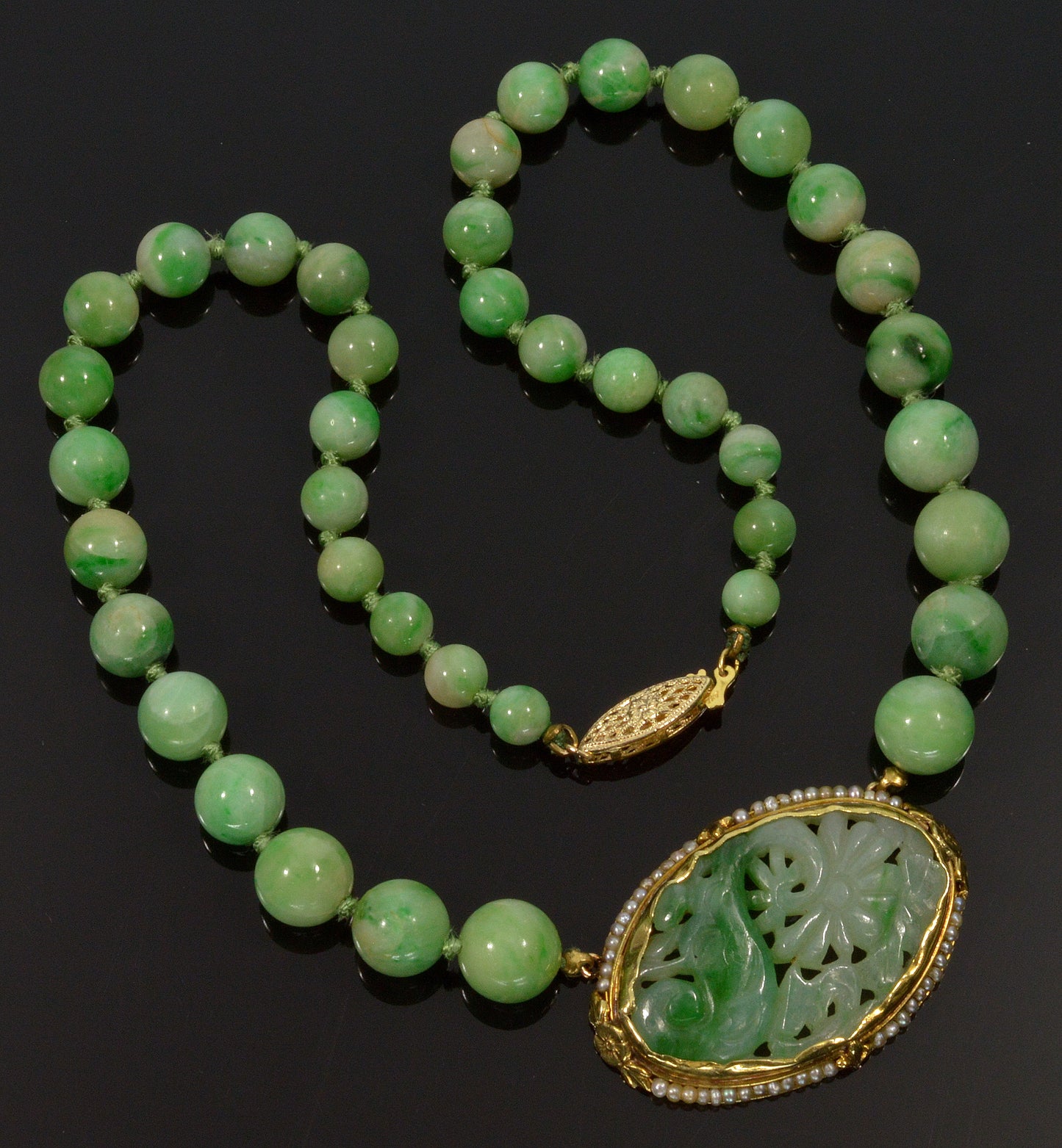 Products Antique Art Deco 14K Jadeite Jade Hand Carved Plaque Bead Seed Pearl Necklace C.1920