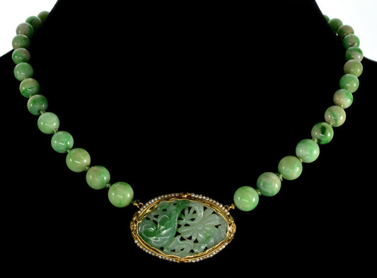 Products Antique Art Deco 14K Jadeite Jade Hand Carved Plaque Bead Seed Pearl Necklace C.1920