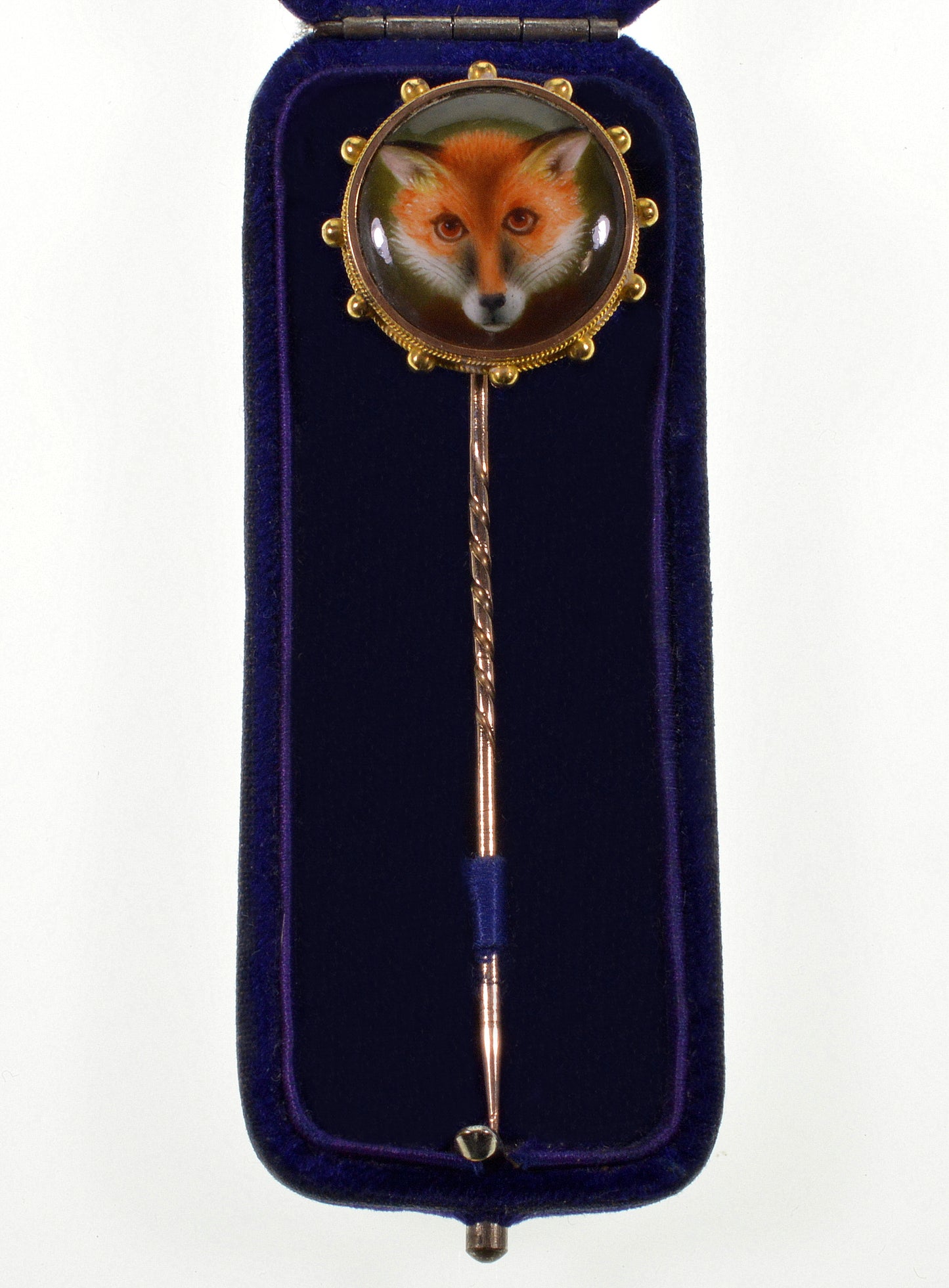 Victorian 9K Gold Enamel Porcelain Fox Stick Pin by W.B.Ford in Original Box C.1870