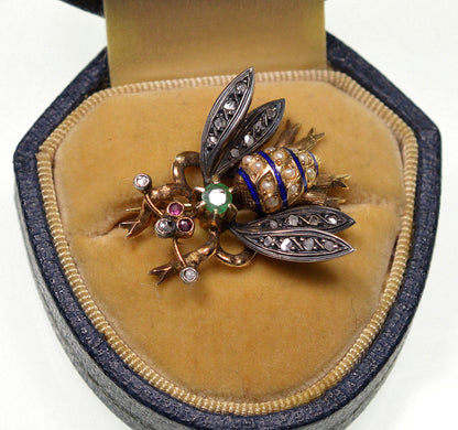 Antique Victorian 14K Gold Bee Brooch Diamond Emerald Pearl Ruby Enamel C.1890