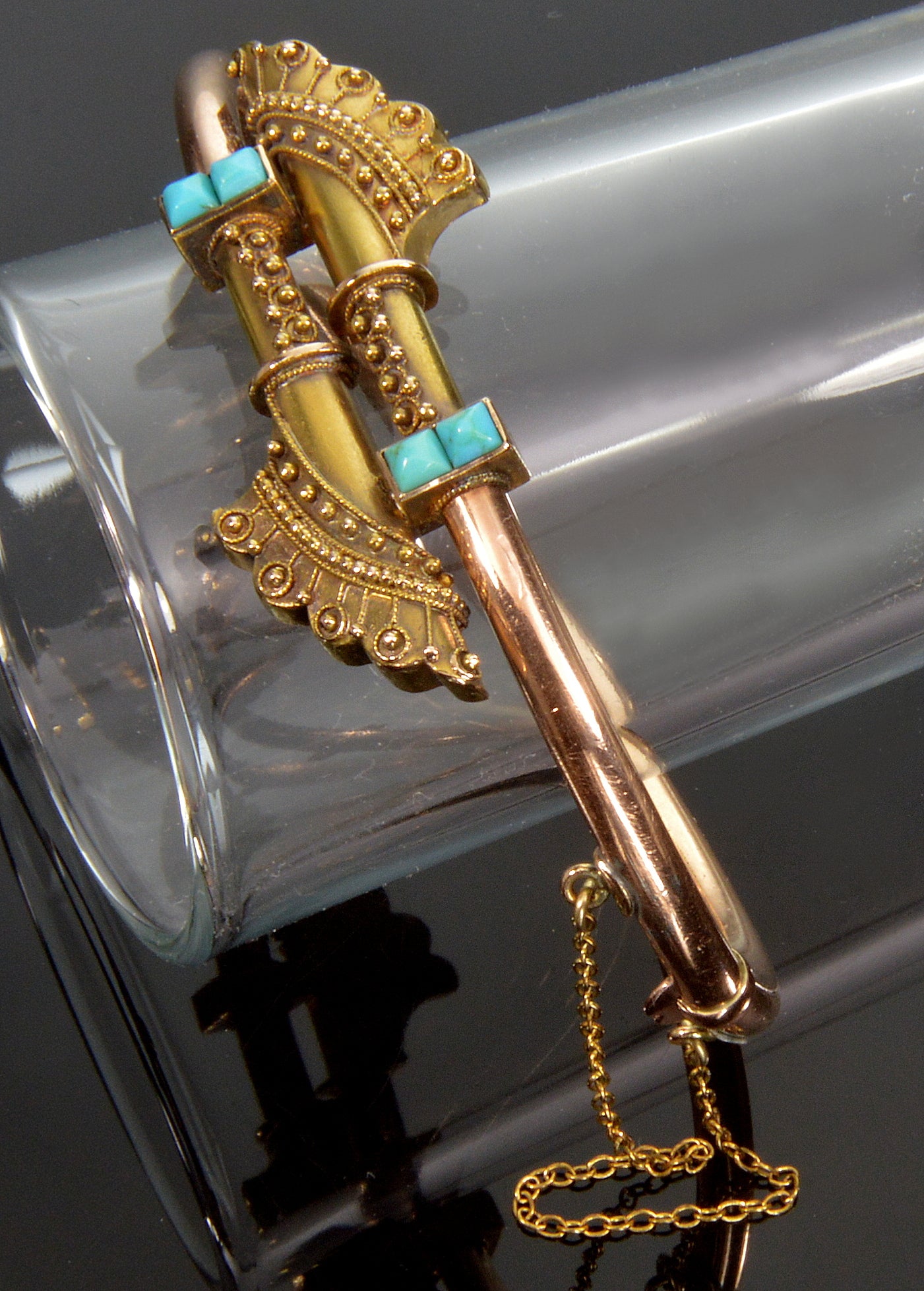 Antique Victorian Etruscan Revival 14K Gold Turquoise Hinged Bracelet C.1870
