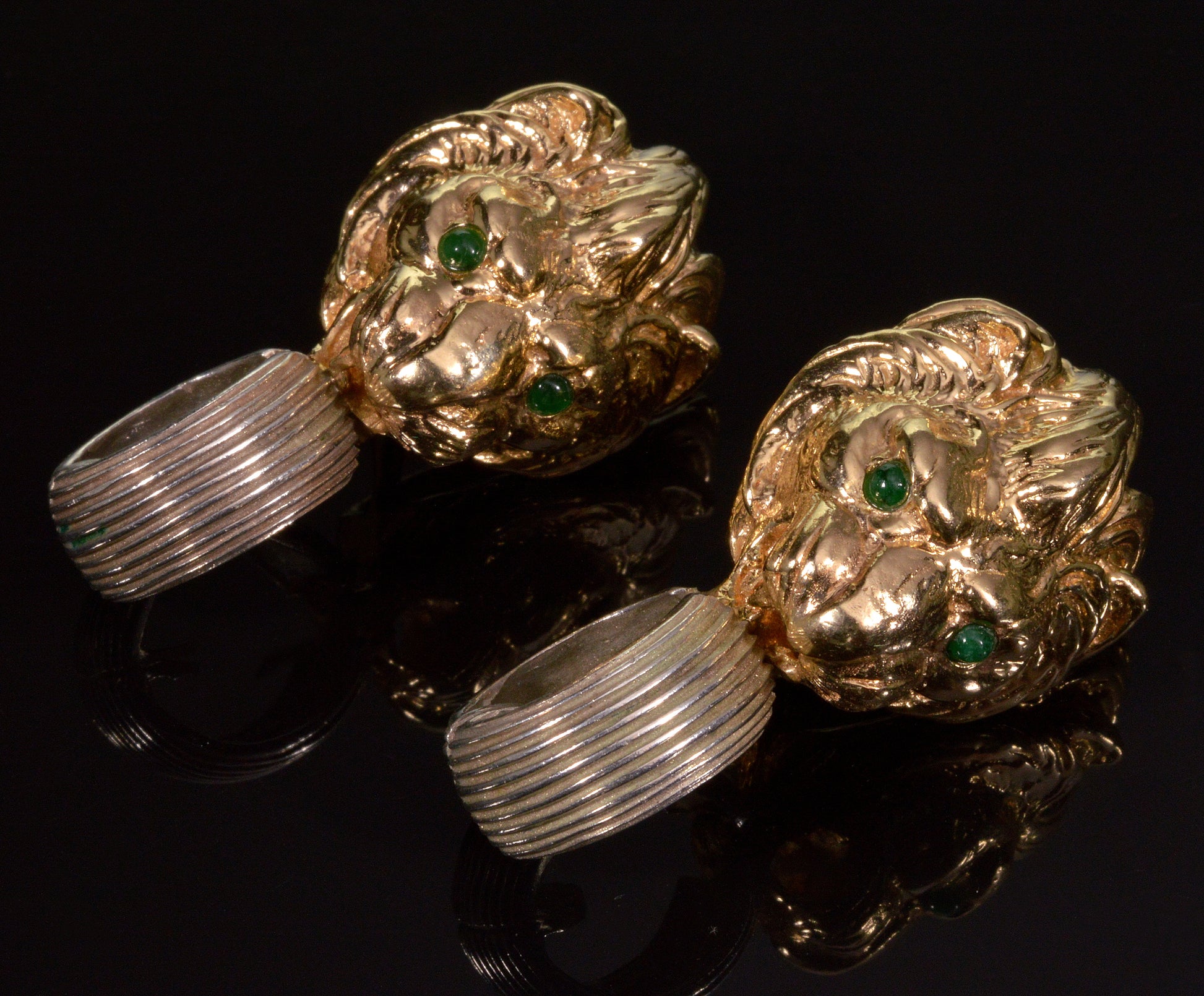 MAZ Large Lion's Head Earrings 14K Gold Sterling Emerald