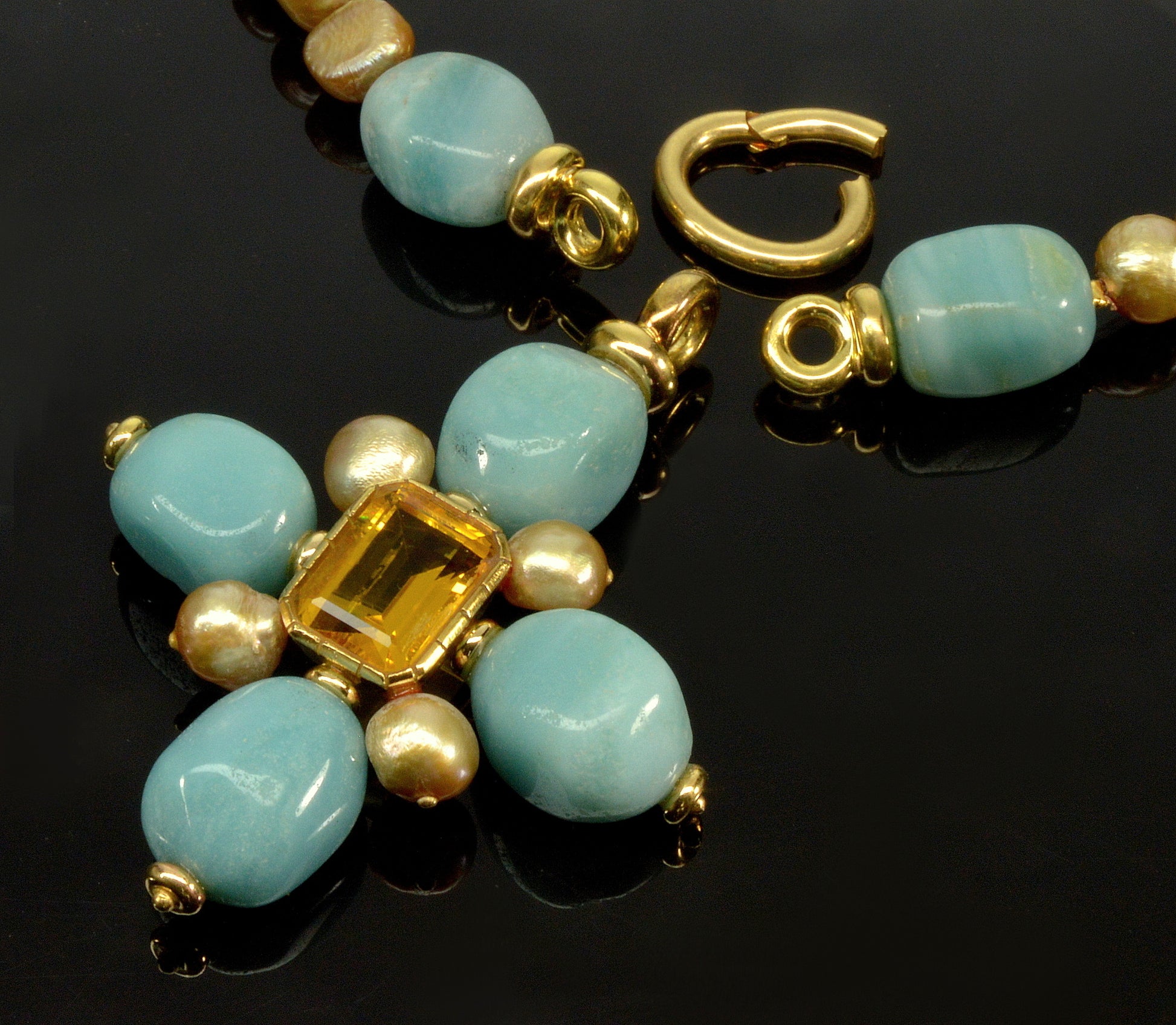 Designer Italian 18K Amazonite Citrine Cross Pendant Enhancer South Sea Pearls Necklace