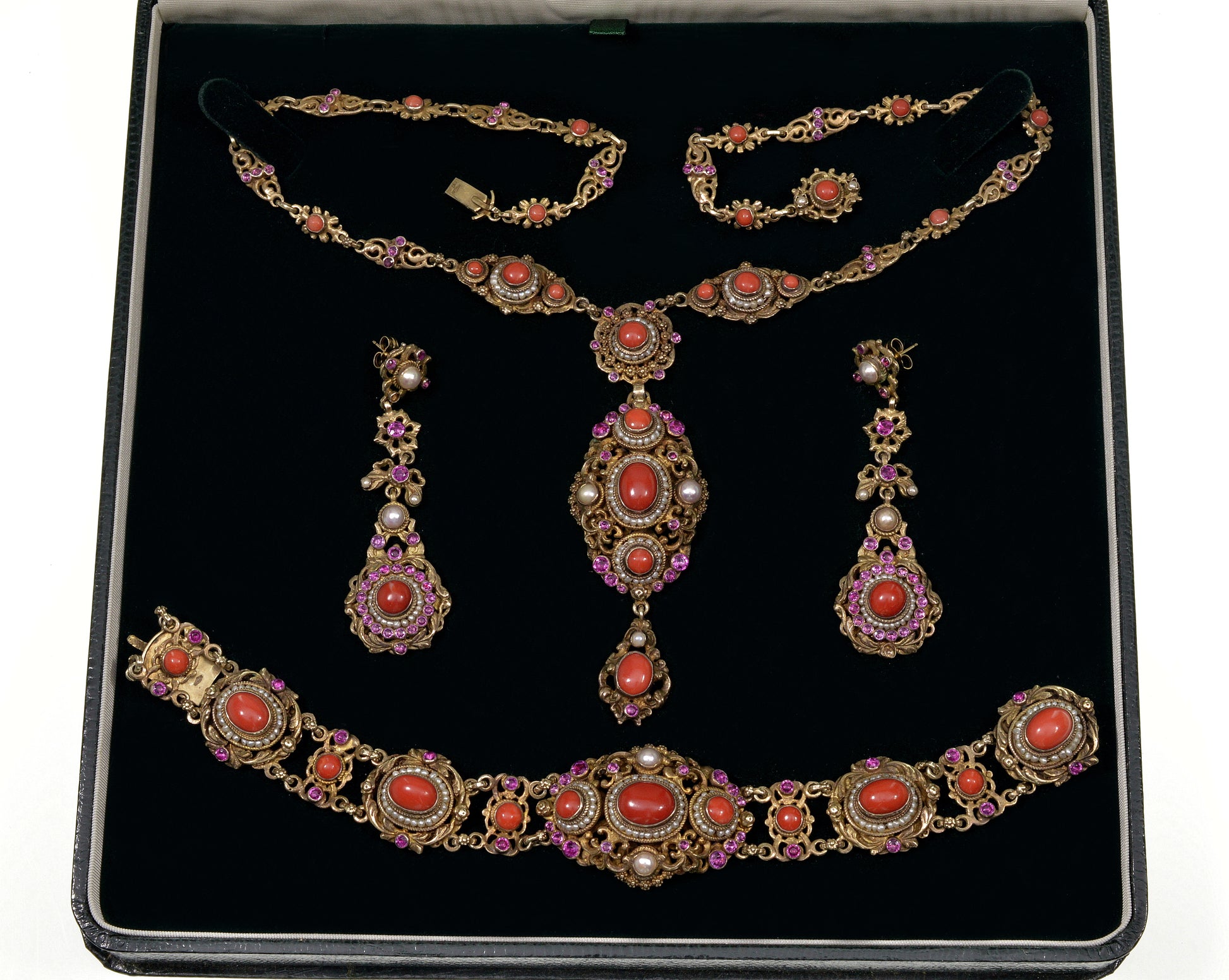 Austro-Hungarian Coral Necklace Earrings Bracelet Set Seed Pearl Silver C.1900