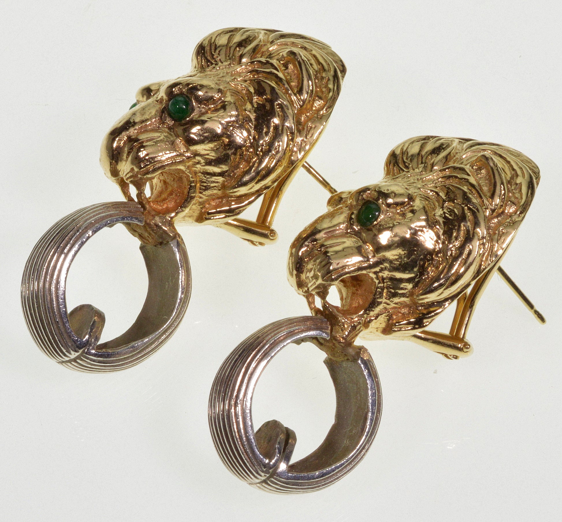 MAZ Large Lion's Head Earrings 14K Gold Sterling Emerald