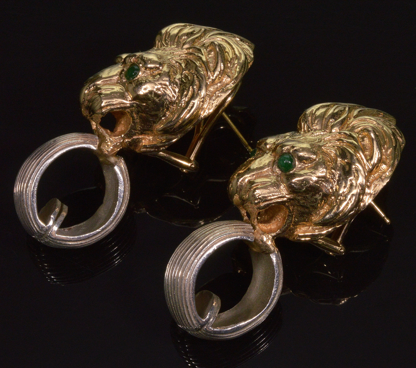 MAZ Large Lion's Head Earrings Bracelet Set 14K Gold Sterling Emerald