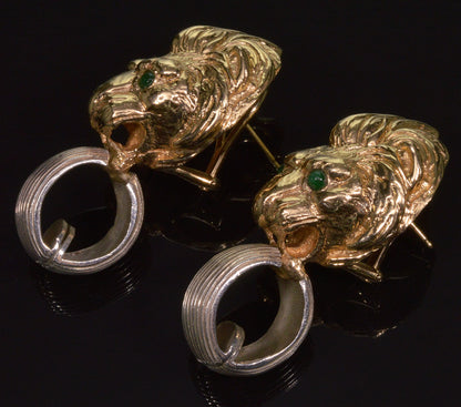 MAZ Large Lion's Head Earrings 14K Gold Sterling Emerald