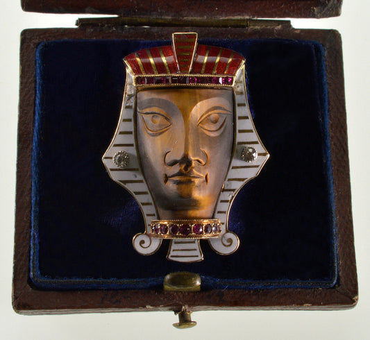 Antique Egyptian Revival 14K Gold Pharaoh Brooch Enamel Diamond Ruby Tiger's Eye C.1900