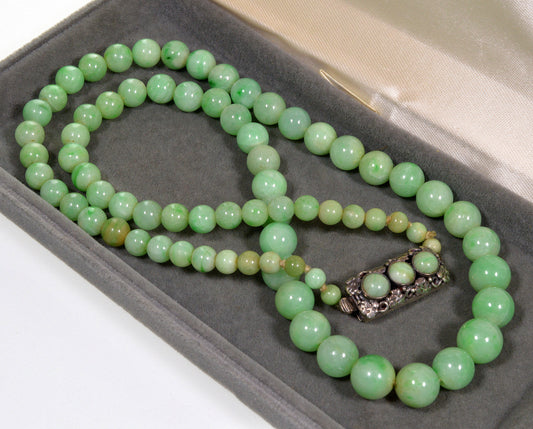 Antique Art Deco Jadeite Jade Bead Necklace 22 1/2", Sterling Clasp C.1920