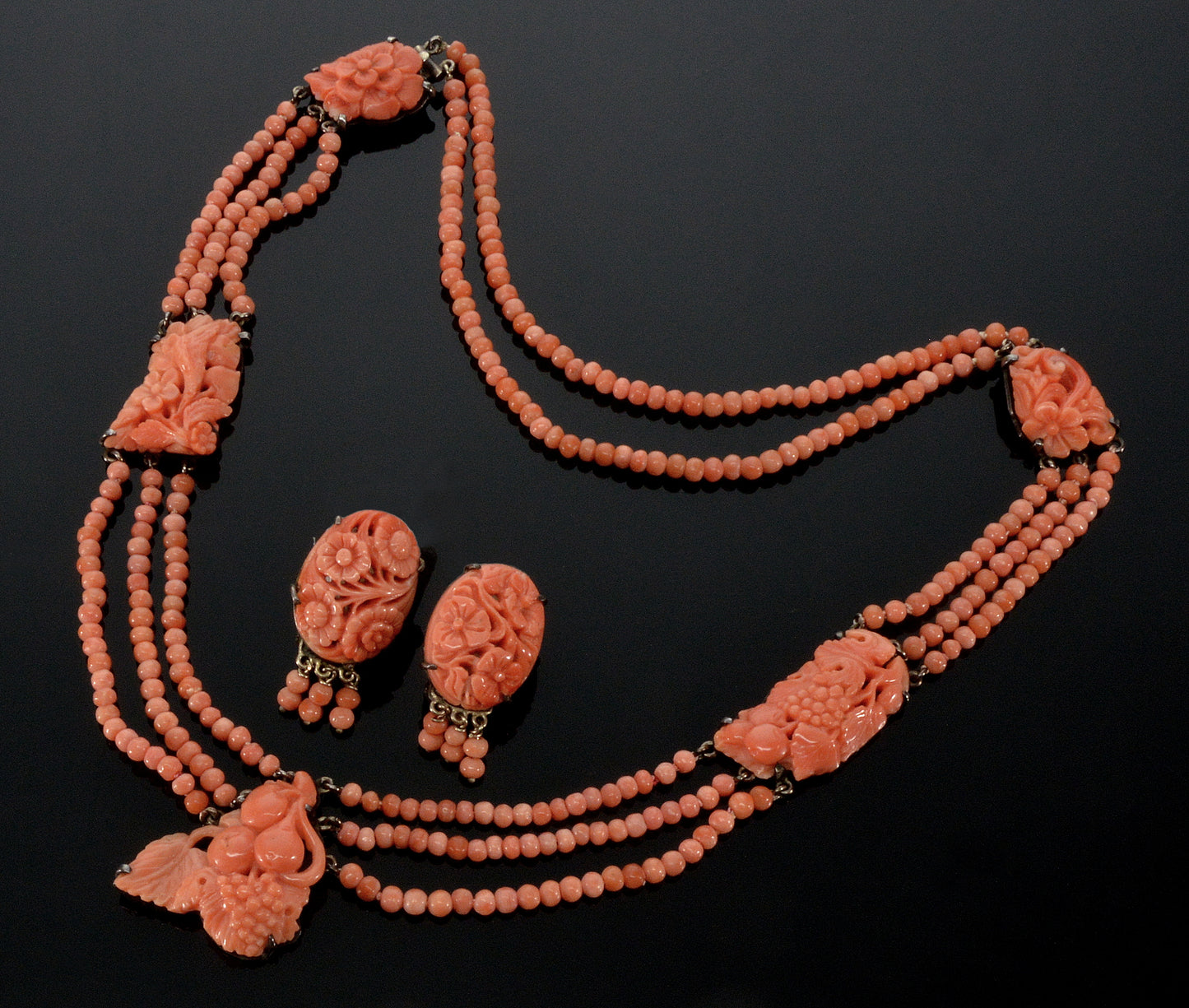 Antique Art Deco Chinese Carved Salmon Coral Necklace Earrings Set