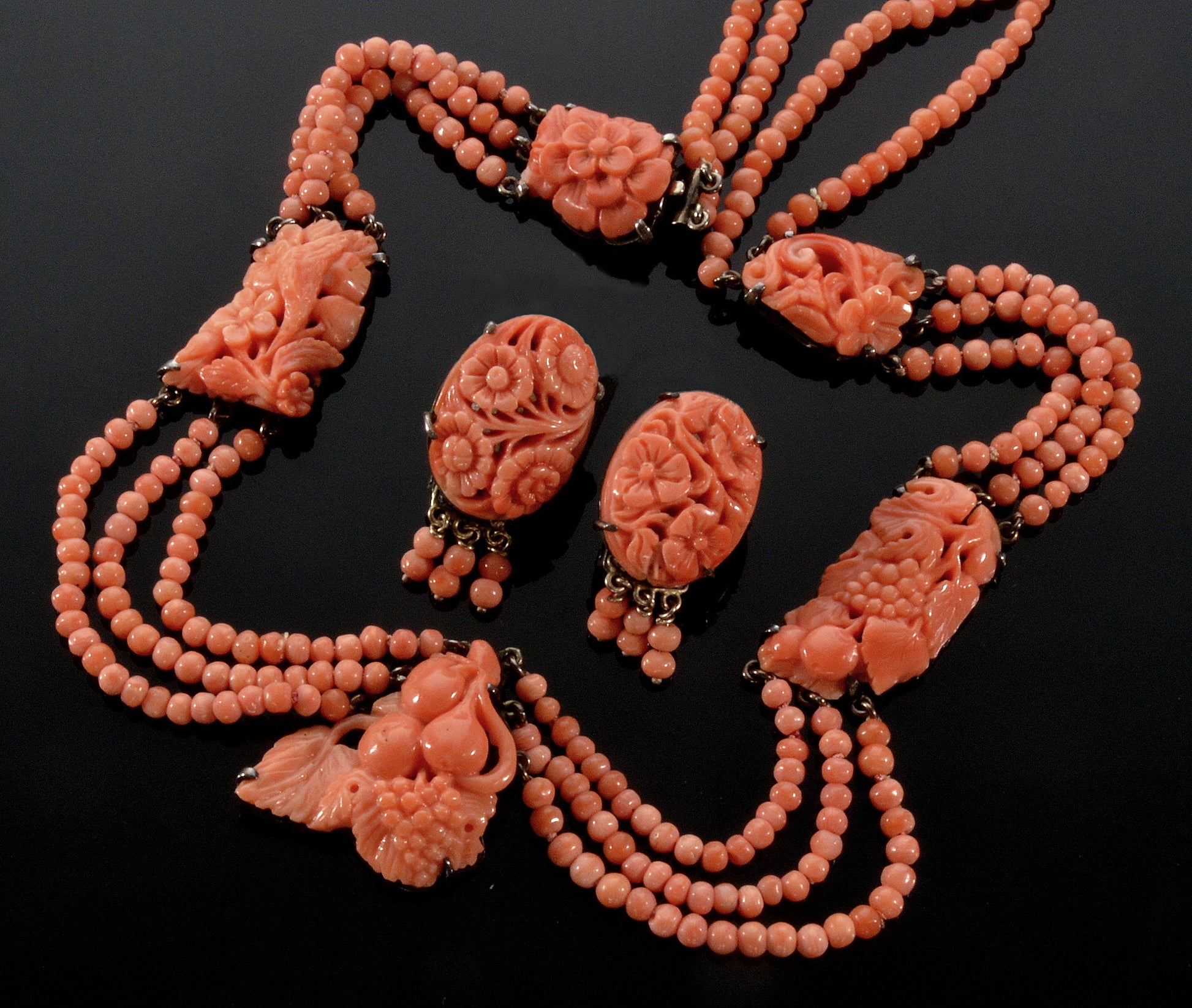 Antique Art Deco Chinese Carved Salmon Coral Necklace Earrings Set