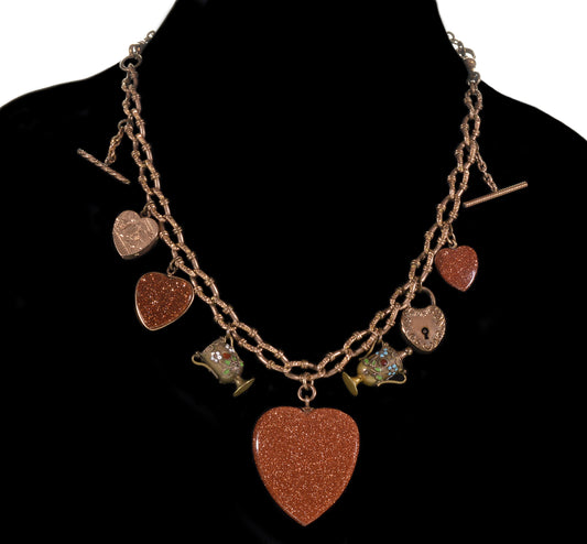Antique Victorian Heart Necklace 9K Goldstone Pendants Locket GF Fancy Chain C.1860