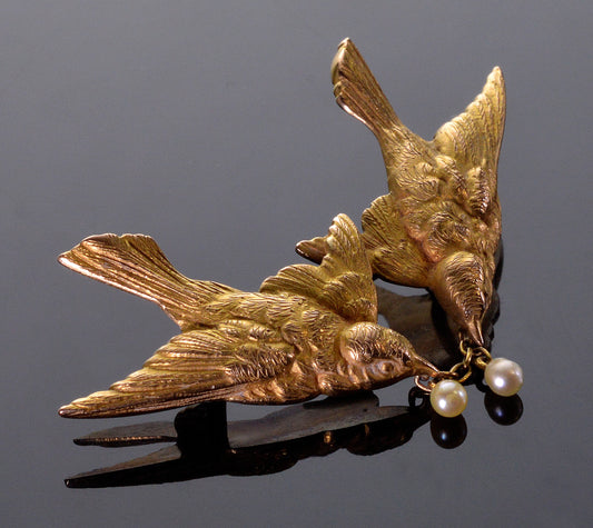 Antique French 18K Gold Love Doves Pair brooch Pin C.1890