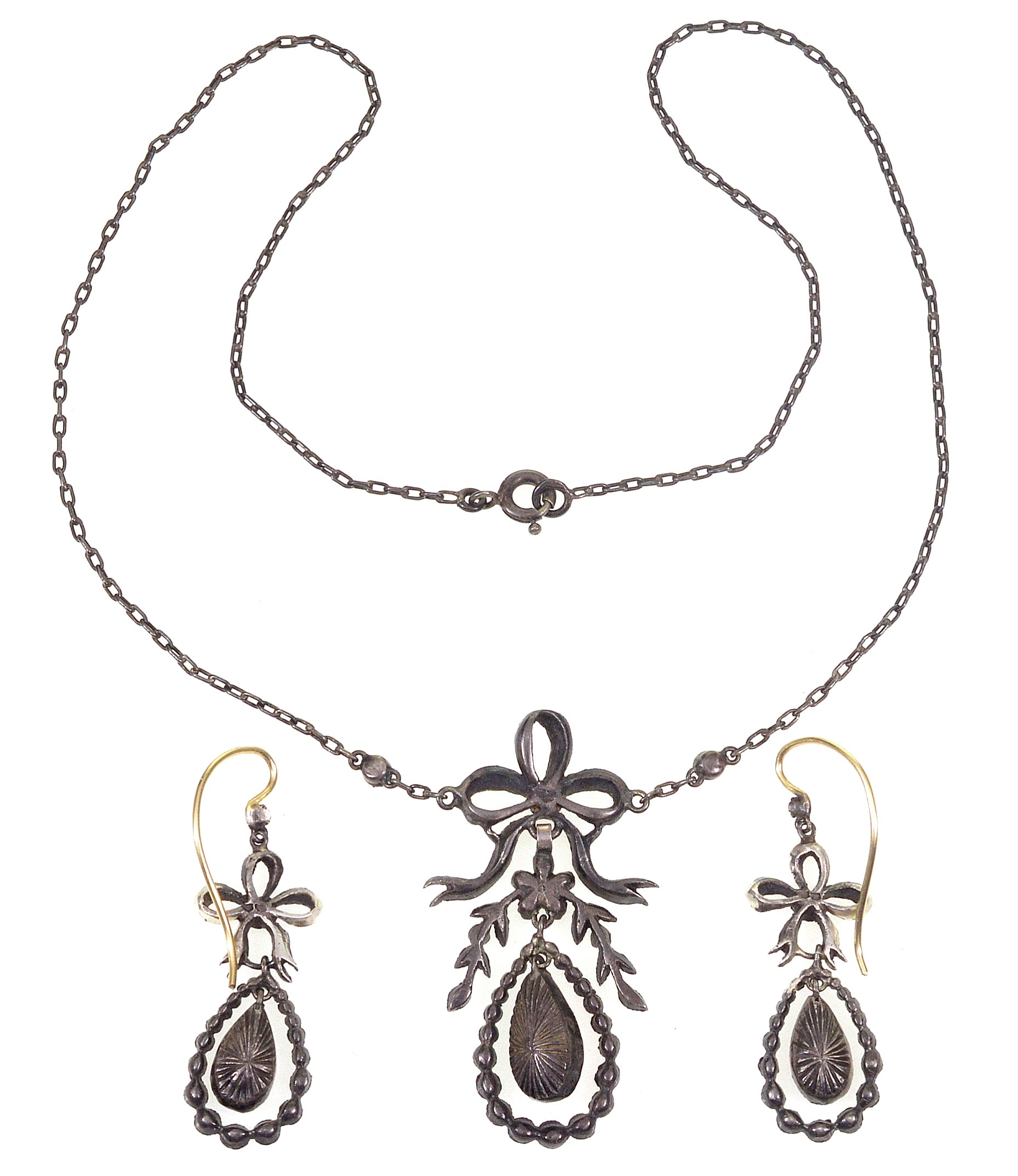 Antique Georgian Bow Earrings Necklace Set Paste Marcasite Sterling C.1820
