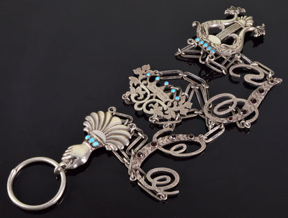 Antique Victorian Hand Key Holder Chatelain Chain Sterling Turquoise Garnet C.1860