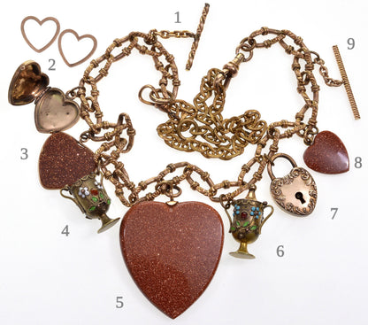 Antique Victorian Heart Necklace 9K Goldstone Pendants Locket GF Fancy Chain C.1860