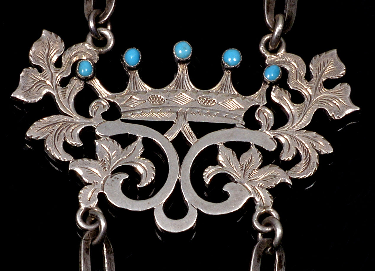 Antique Victorian Hand Key Holder Chatelain Chain Sterling Turquoise Garnet C.1860