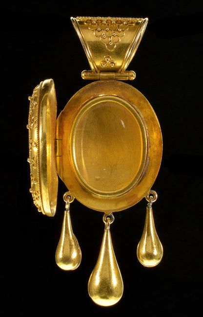 Antique Victorian 18K Gold Micromosaic Locket Pendant Lamb Of God Etruscan Revival Italian Grand Tour C.1860