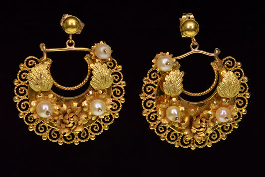 Antique Victorian Etruscan Revival 14K Gold Earrings Pearls Flowers C.1860
