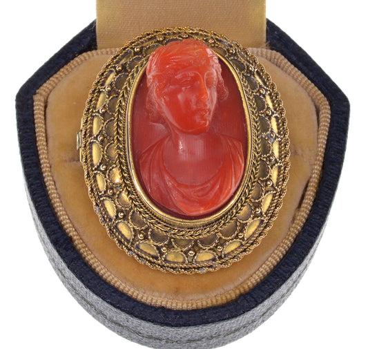 Antique Victorian 18K Red Coral Cameo Etruscan Revival Brooch Pin C.1880