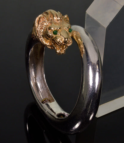 MAZ Large Lion's Head Earrings 14K Gold Sterling Emerald