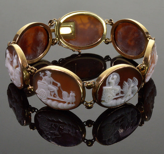 Antique Victorian 14K Gold Cameo Bracelet Carnelian Shell 7 Days Of The Week Roman Gods C.1880