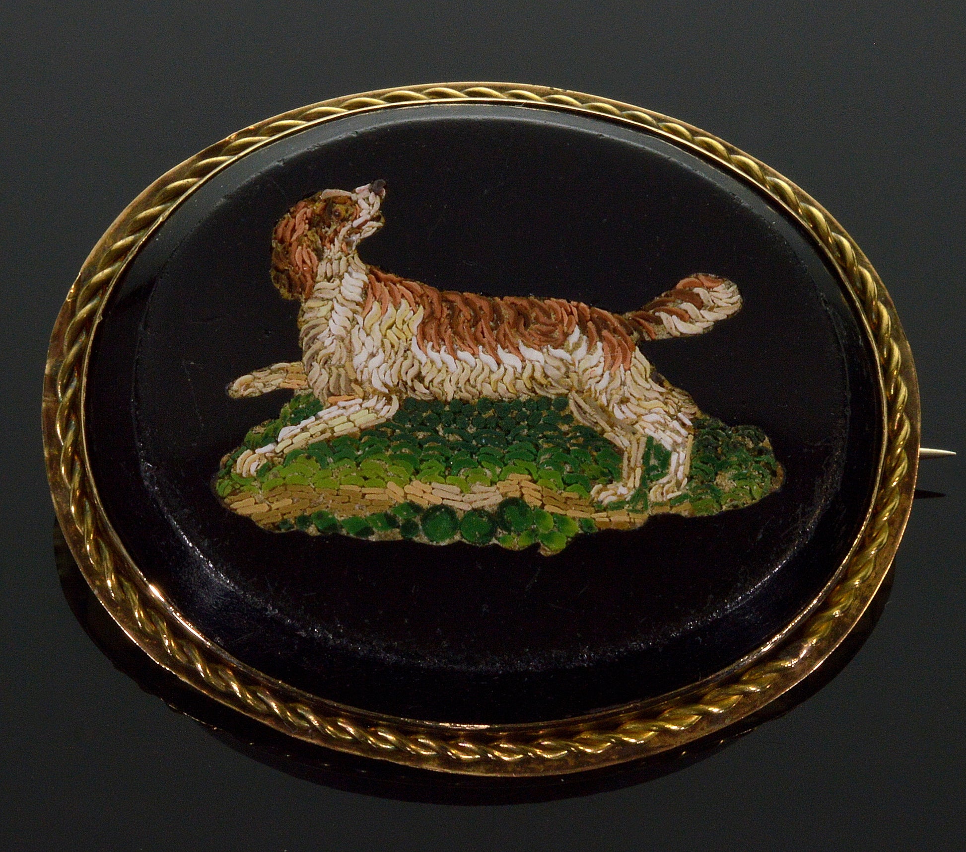 Victorian King Charles Spaniel Micro Mosaic 14K Gold Pin Brooch Italy Grand Tour C.1880