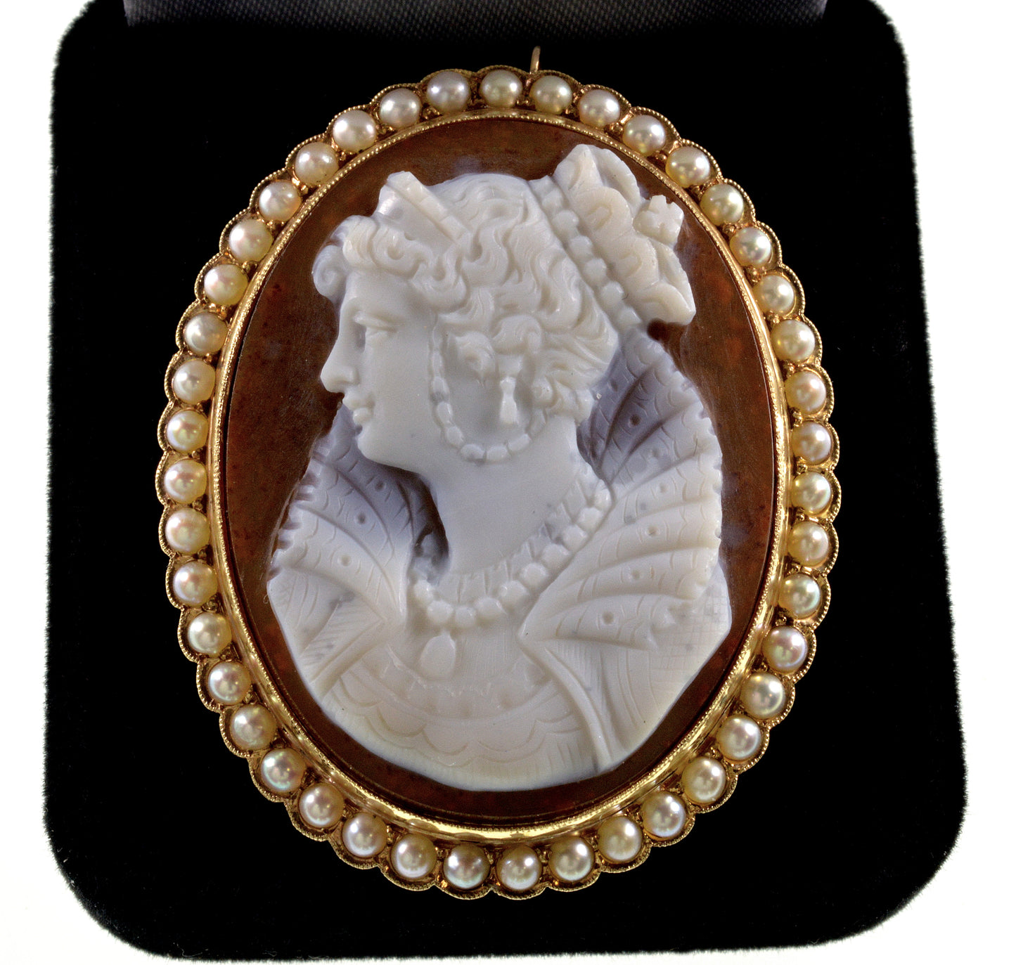 Antique Victorian 14K Gold Marie De Medici Cameo Pendant Brooch Hardstone Pearl C.1890