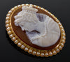 Antique Victorian 14K Gold Marie De Medici Cameo Pendant Brooch Hardstone Pearl C.1890