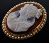 Antique Victorian 14K Gold Marie De Medici Cameo Pendant Brooch Hardstone Pearl C.1890