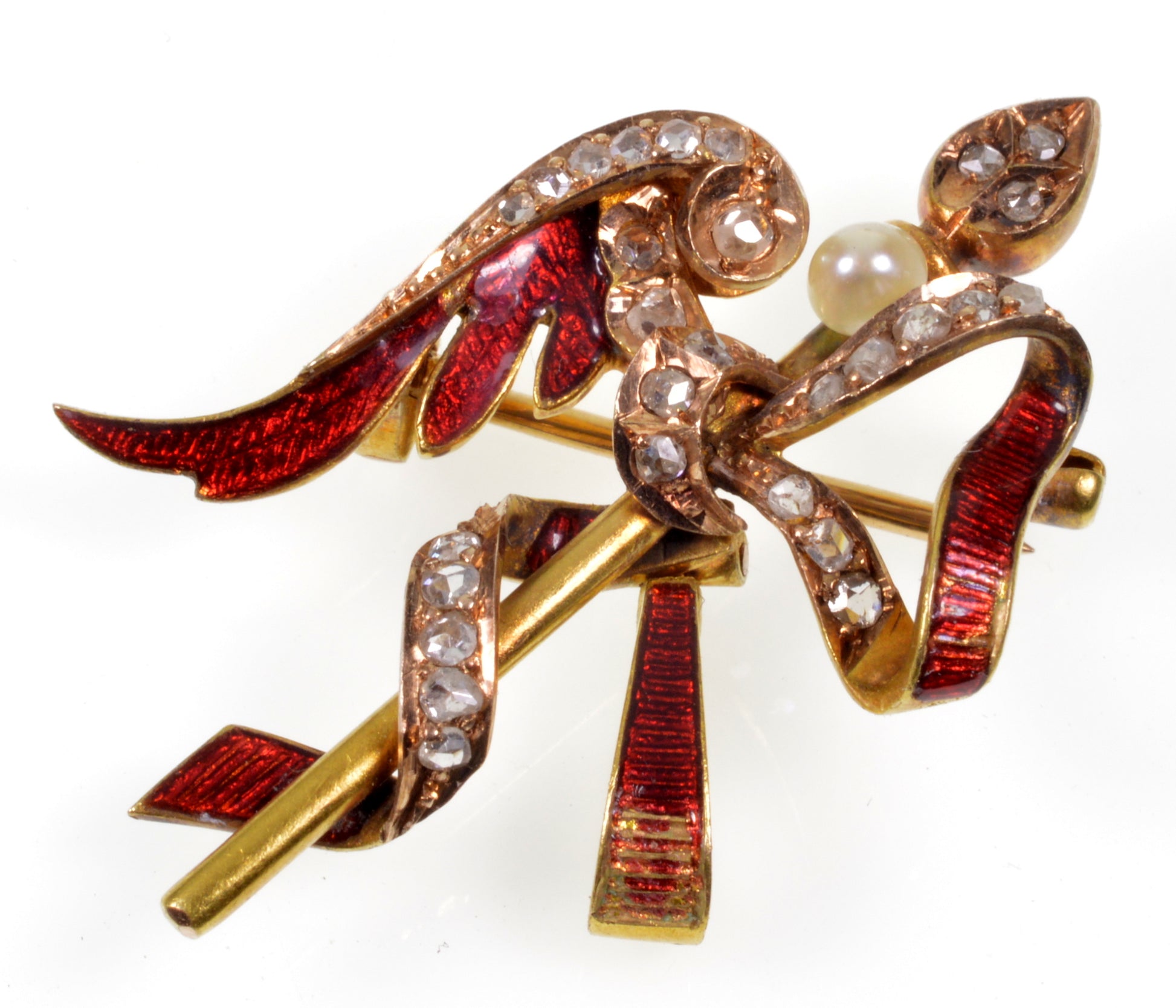 Antique Georgian Angel Wing Arrow Enamel 18K Gold Diamonds Brooch Pin C.1820